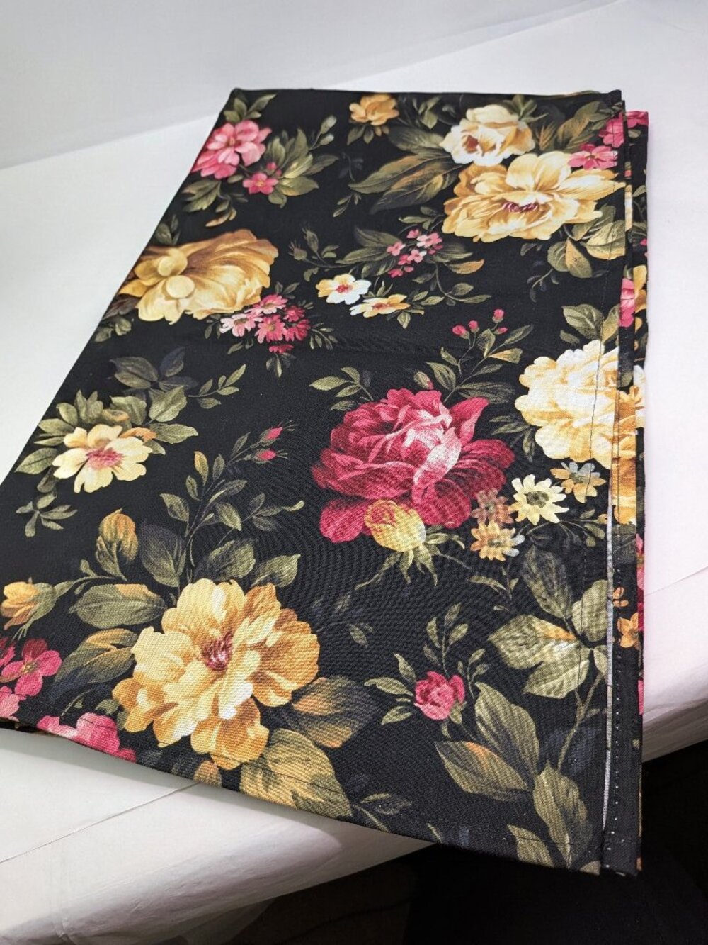 Vintage Black Floral Dresser Scarf Table Runner Rose Print Hemmed 84x17